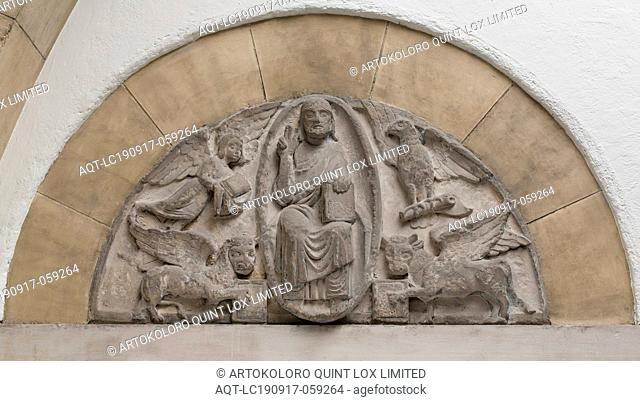 Unknown (Italian), Christ and the Symbols of the Four Evangelists, 12th century, stone, Overall: 20 × 39 1/4 inches (50.8 × 99.7 cm)