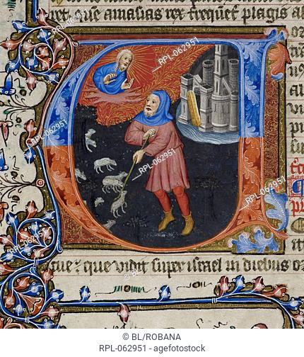 Amos tending his sheep Detail Opening of the Book of Amos: initial 'V' shows God appearing to Amos as he tends his sheep outside the city