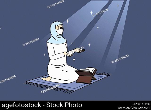 Arabic islamic religion and spirituality concept. Woman arabic ethnicity in traditional clothing and koran sitting on mosque on knees and praying vector...