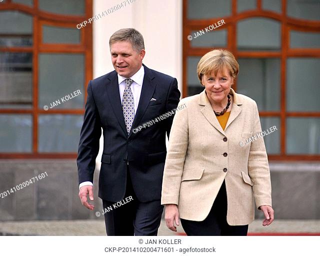 Chancellor of Germany Angela Merkel (right) meets Slovak Prime Minister Robert Fico at the Office of the Government Bratislava, Slovakia, October 20, 2014
