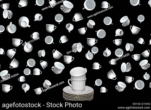 Aerial composition of coffee cups in an undefined space