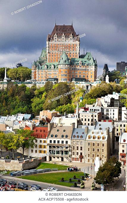 Upper and lower towns of Old Quebec City, Province of Quebec, Canada. Standing prominently in the upper town is Chateau Frontenac