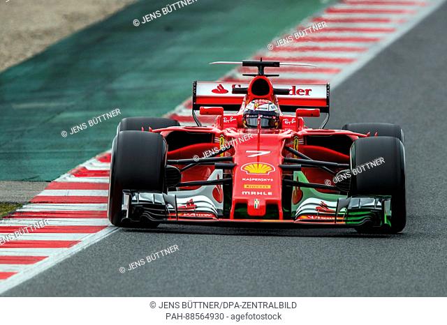 Finnish Formula One driver Kimi Räikkönen from Ferrari during a test drive at the Formula One pre-season testing at the Circuit de Catalunya race track in...