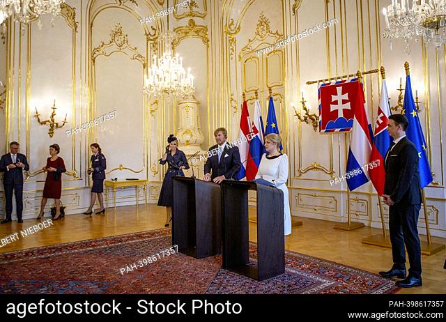 King Willem-Alexander and Queen Maxima of The Netherlands at the Presidential Palace in Bratislava, on March 07, 2023, welcomed by Ms