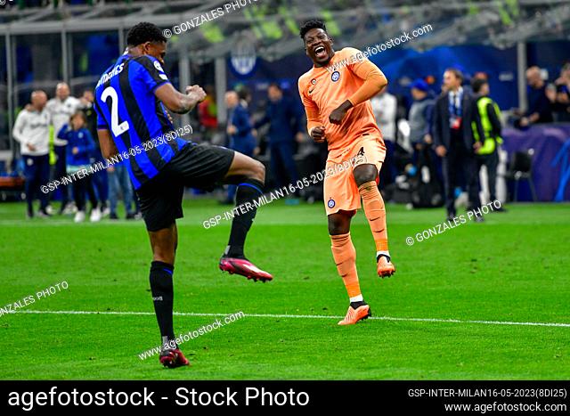 Milano, Italy. 16th, May 2023. Goalkeeper Andre Onana (24) of Inter seen dancing with Denzel Dumfries (2) after the UEFA Champions League match between Inter...