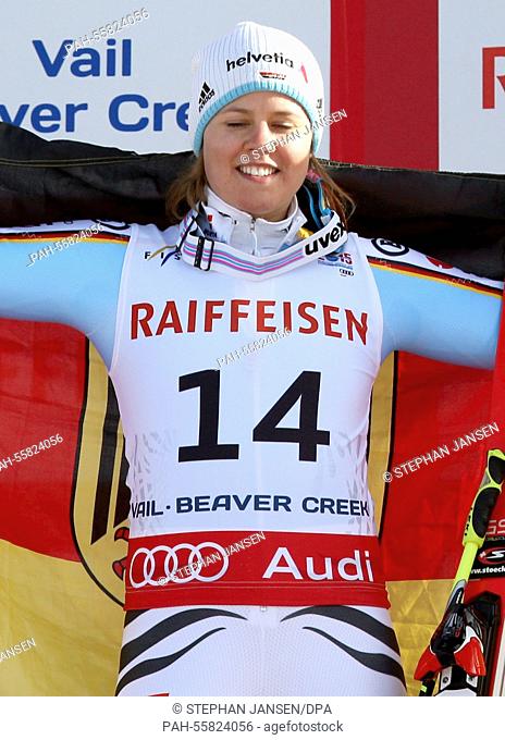 Silver medal winner Viktoria Rebensburg of Germany reacts after the women's giant slalom at the Alpine Skiing World Championships in Vail - Beaver Creek