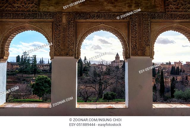 Alhambra palace viewed from Generalife mansion windows. Granada, Spain