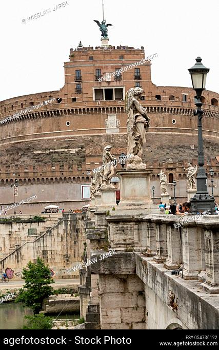 Rome - View of Castel Sant'Angelo, Castle of the Holy Angel built by Hadrian in Rome, along Tiber River