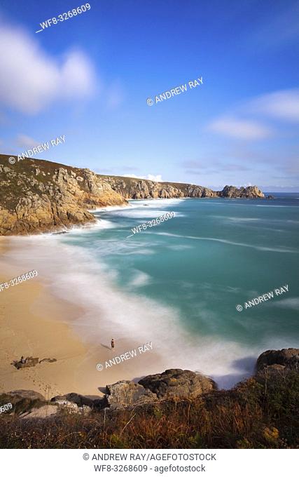 Porthcurno Beach in the far west of Cornwall, captured in early October from the coast path near the Minack Theatre