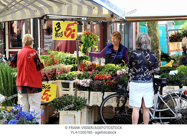Women buying flowers on the weekly flower market, Amersfoort, Utrecht province, Netherlands
