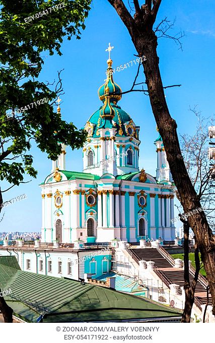 travel to Ukraine - St Andrew's Church on Andriyivskyy Descent in Kiev city in spring