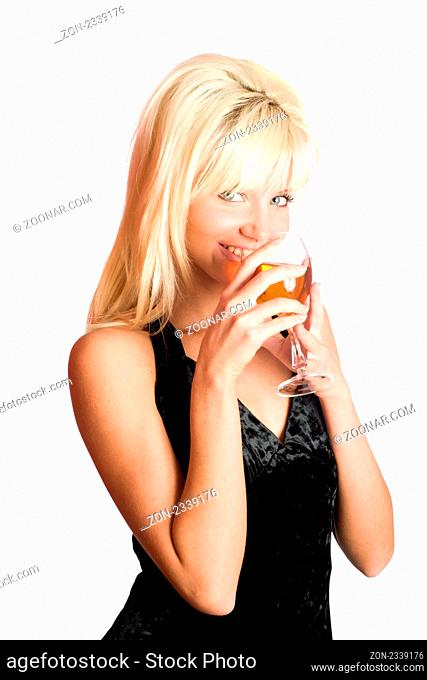 Young woman drinking wine isolated on white