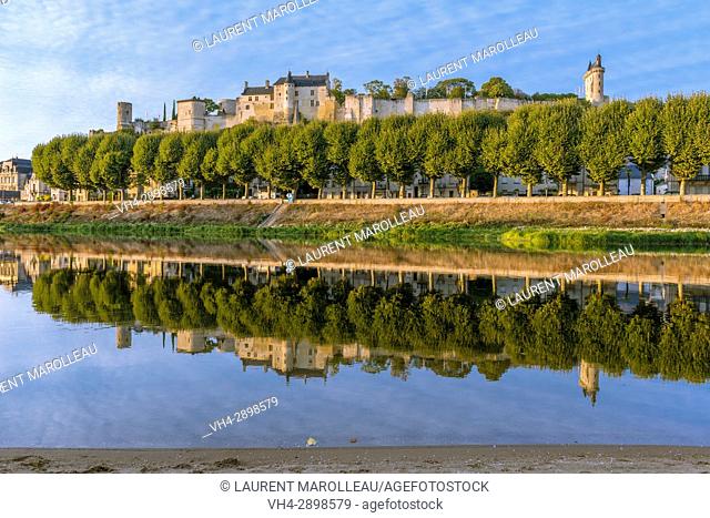 The banks of Vienne River, the City and the Royal Fortress of Chinon. Indre-et-Loire, Central Region, Loire Valley, France, Europe