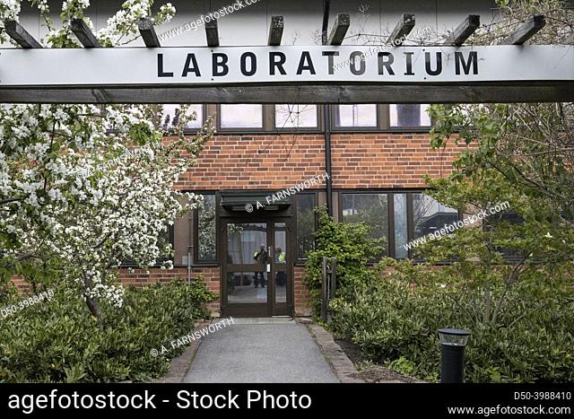 Stockholm, Sweden, A sign at an industrial facility says in Swedish ""Laboratory. ""