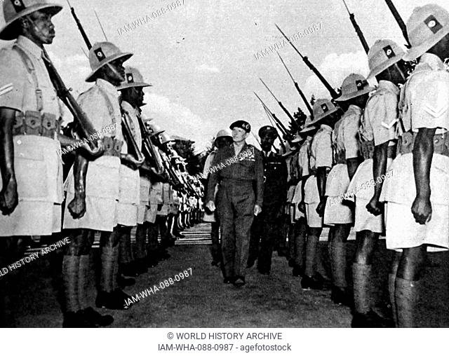 Photograph of Field Marshall Bernard Montgomery (1887-1976) a senior British Army officer, during his inspection of the Imperial Troops of Ethiopia