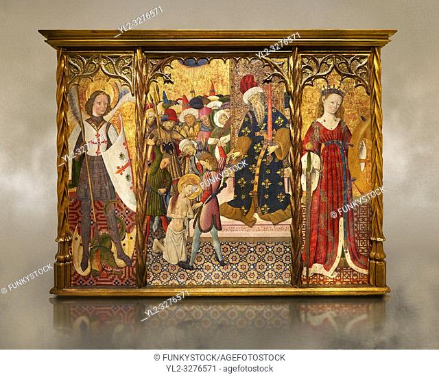 Gothic altarpiece depicting left to right - the Archangel Gabriel, the martyrdom of Santa Eulalia and St Caterina, by Bernat Martorell, circa 1442-1445