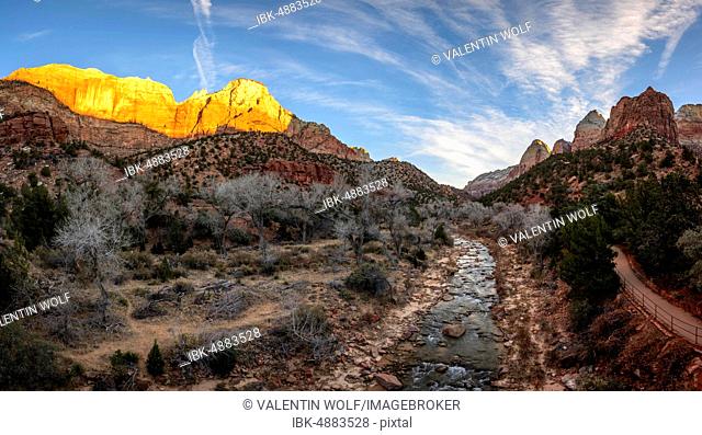 River Virgin River flows through Zion Canyon, mountain The Sentinel is illuminated by the morning sun, sunrise, Canyon Junction Bridge, Zion National Park, Utah