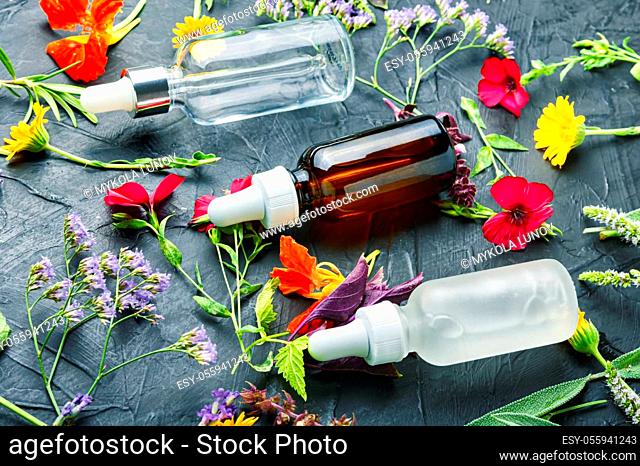 Medical essential oils of flowers and herbs.Herbal essence.Aroma essential oil