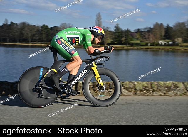 Belgian Wout Van Aert of Team Jumbo-Visma pictured in action during the fourth stage of 80th edition of the Paris-Nice cycling race, an individual time trial