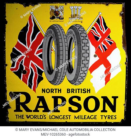 A square enamel sign advertising Rapson Tyres - The World's longest mileage tyres