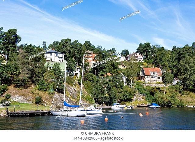Sweden, Europe, Stockholm, Stockholm Archipelago, Houses On An Island, Archipelago, Baltic sea, Blue, Boat, Boats, Day