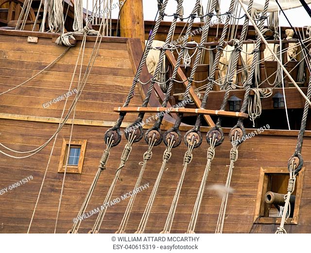 Detail from a 17th Century Spanish Armada galleon berthed at the Grand Harbour in Malta