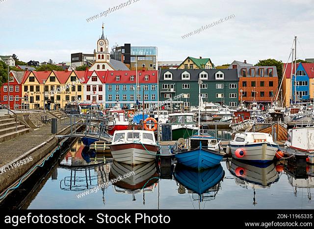TORSHAvN, FAROE ISLANDS, DENMARK - AUGUST 21, 2018: Beautiful colourful downtown and port area of Torshavn, the capital city of Faroe Islands, Denmark
