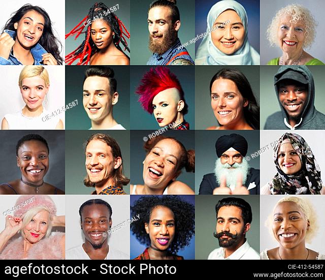 Portrait smiling diverse people video conferencing on screen