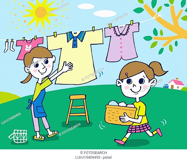 Girl helping mother dry laundries, Painting, Illustration, Illustrative Technique, Side View