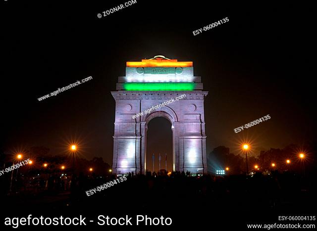 New Delhi, India - December 13, 2019: The illuminated India Gate at night