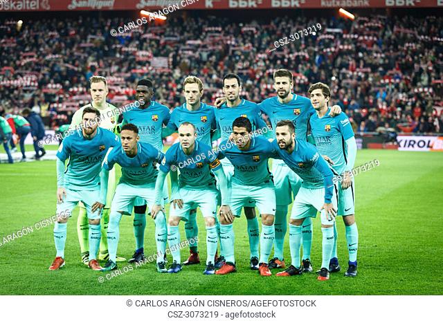 Barcelona players pose for the press in the eighth-finals Spanish Cup match between Athletic Bilbao and FC Barcelona, celebrated on January 05, 2017 in Bilbao