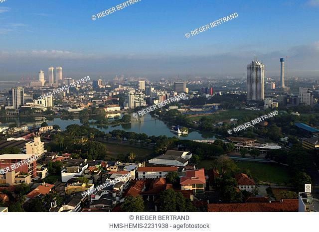 Sri Lanka, Western Province, Colombo District, Colombo, the city center with the Fort area on the background left and South Beira Lake in the foreground