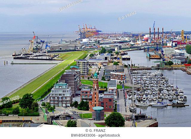 new harbor of Bremerhafen with lighthouse and container terminal in the background, Germany, Bremerhaven