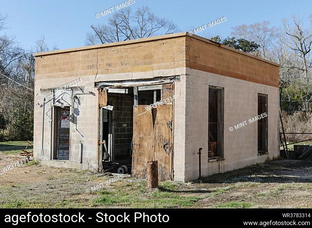 Abandoned rural gas station building