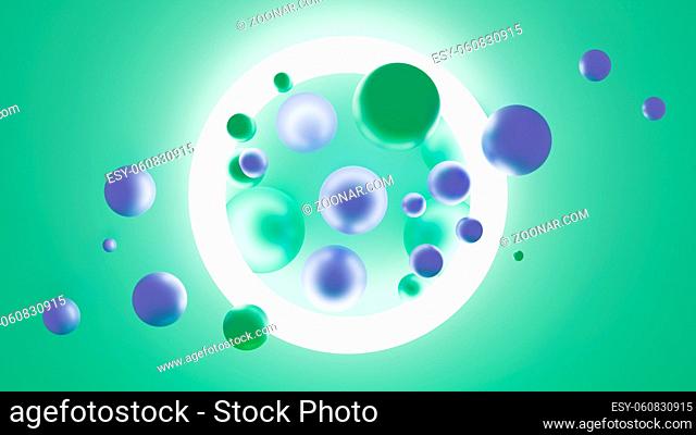 Abstract 3D illustration of floating spheres and a ring light