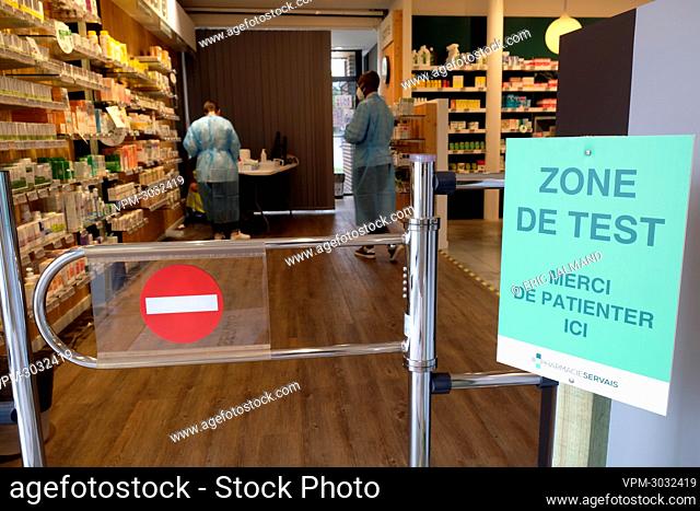 Illustration picture shows the test zone at pharmacy Servais in Jodoigne, Monday 12 July 2021. As of today, people are able to have a rapid antigen test carried...