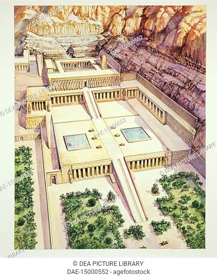Archaeology - Ancient Egypt - Reconstruction of the Dayr al-Bahri Temple of Hatshepsut. Colour illustration