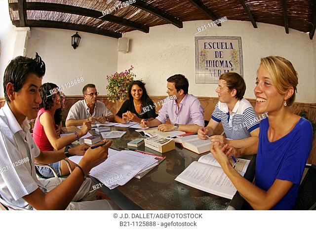 Foreign students learning Spanish at language school, Nerja, Malaga province, Andalusia, Spain
