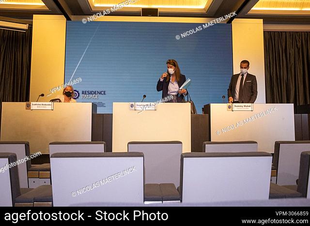 Defence minister Ludivine Dedonder, Foreign Affairs Minister Sophie Wilmes and State Secretary for Asylum and Migration policy Sammy Mahdi pictured during a...