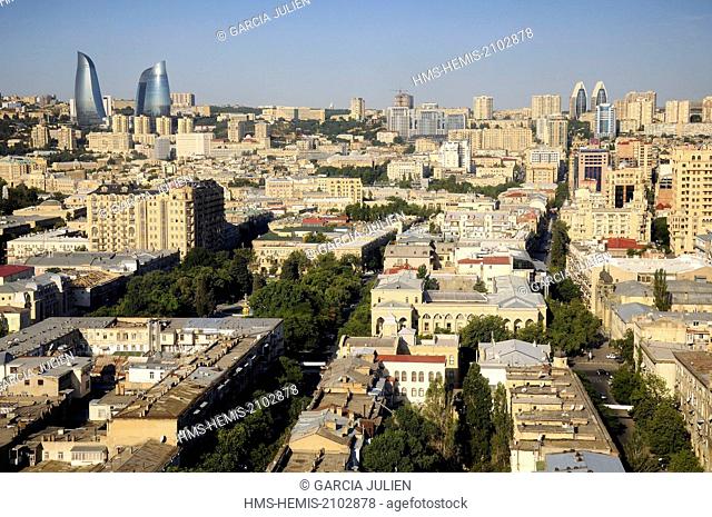 Azerbaijan, Baku, general view of the city and the Flame Towers