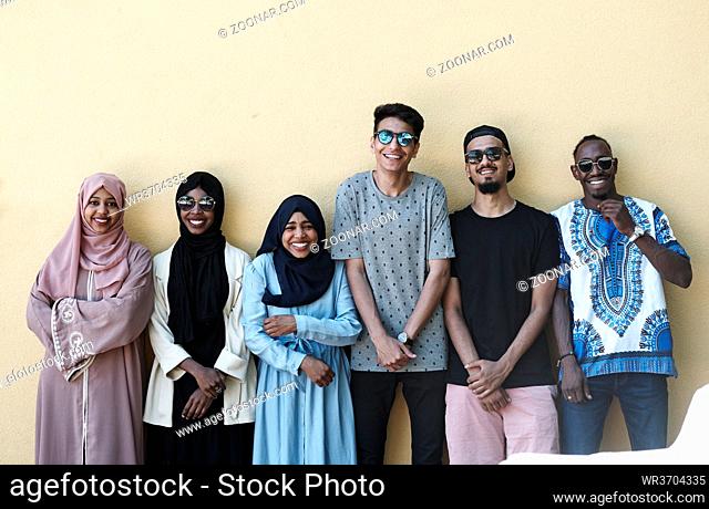 middle eastern and African multiethnic startup business people group Muslim woman wearing traditional Islamic scarf