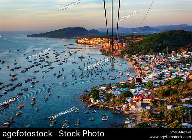Aerial view of a group of boats at sea in Vietnam, Phu Quoc