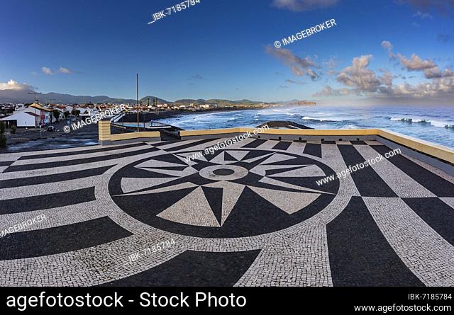 Viewing terrace with surface structure of black and white cobblestones on Atlantic beach, Ribeira Grande, Sao Miguel Island, Azores, Portugal, Europe