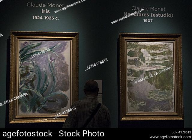 IRIS 1924-1925 AND WATERLILY 1907, CLAUDE MONET EXHIBITION IN MADRID SPAIN ..OF THE FRENCH IMPRESSIONIST PAINTER 1840-1926.