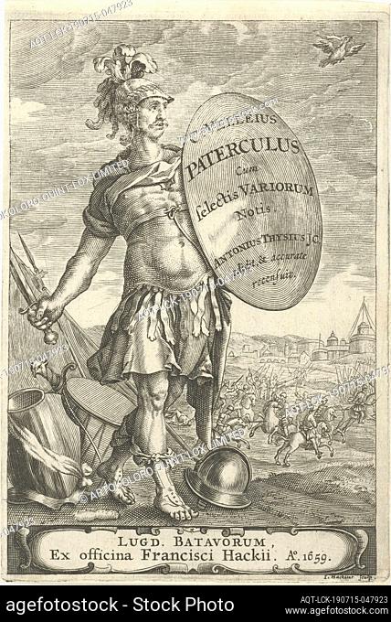 Roman warrior in front of a battlefield Title page for Caius Velleius Paterculus cum Selectis Variorum Notis, 1659, A Roman warrior and profile to the right...