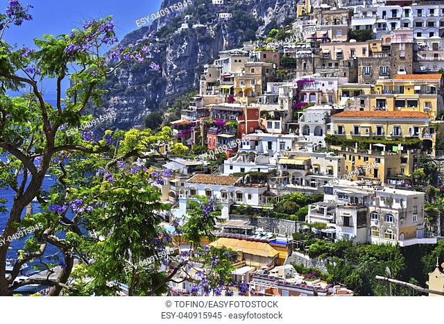 City of Positano on Amalfi coast in the province of Salerno, Campania, Italy