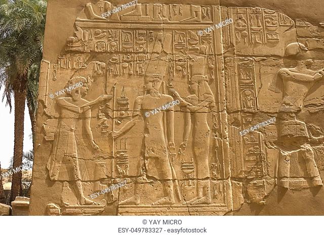 Egyptian hieroglyphs and drawings on the walls and columns. Egyptian language, The life of ancient gods and people in hieroglyphics and drawings