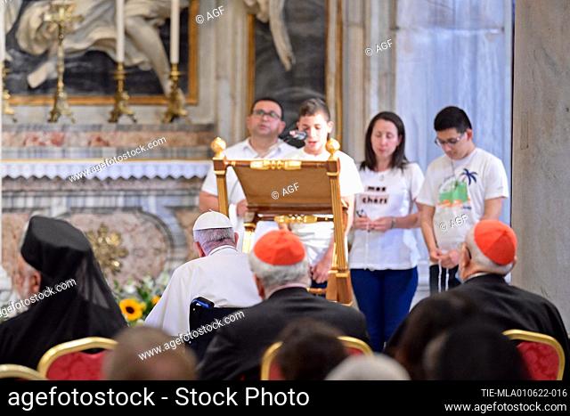 Basilica of Santa Maria Maggiore. Rosary for peace, prayer in front of the statue of Maria Regina Pacis with the Pope