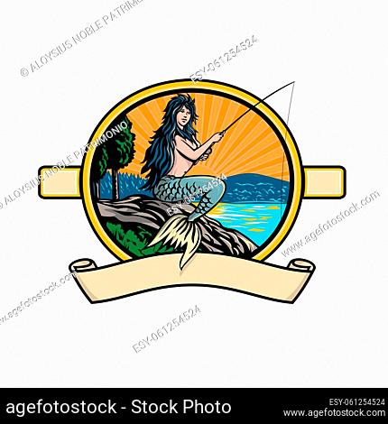 Retro style illustration of mermaid with fishing rod and reel fly fishing in lake or river with mountains and sunburst viewed from side set inside oval on...