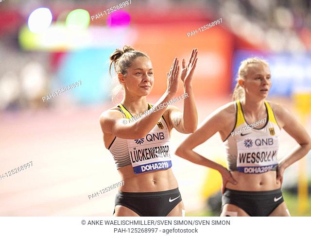 Gina LUECKENKEMPER (LuÌckenkemper) (Germany / 5th place) clapping, clapping, r. Jessica-Bianca WESSOLLY (Germany) Final 4x100m Women's Relay, on 05.10